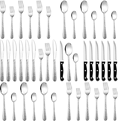 Homikit Juego de cubiertos para 6 personas, juego de 36 cubiertos de acero inoxidable con cuchillo para carne, cubiertos de mesa martillados, aptos para lavavajillas