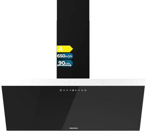 Cecotec Campana Extractora Decorativa 90cm Bolero Flux DT 906500 Glass Black A. 165W en 3 Niveles, Acabado Frontal Vidrio Negro, Succión 650m3/h, Control Táctil, Booster, Luz, Filtro de Carbono