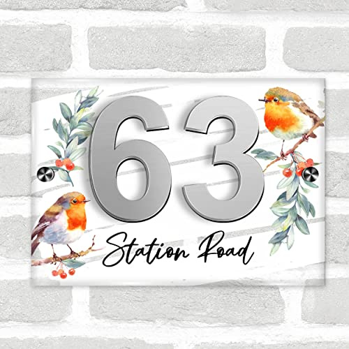 Fingerprint Designs Robin On Branch Bird 3D Acrylic House Address Sign Door Number Plaque