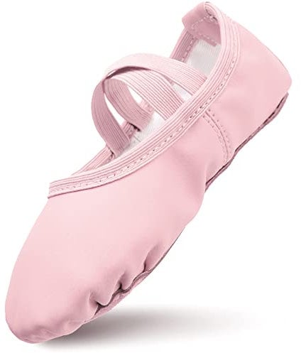 Ballet Shoes Girls Leather Ballet Dance Slippers Full Sole Dance Flats Thickened Cotton Lining Ballerina Shoes with Cross Elastic Straps for Toddlers Kids Pink