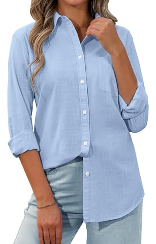 siliteelon Womens Cotton Button Down Shirt Linen Long Sleeve Gauze Shirts Solid Casual Work Office Linen Tops Blouse Blue M