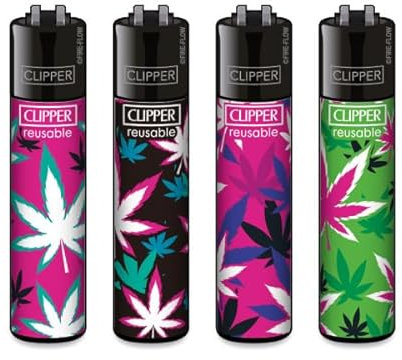 Clipper® Feuerzeuge im Multipack - 4er Set mit coolem Look - Nachhaltig NEU - INKL Gratis Crystal Deko Balls (Pink Leaves #3)