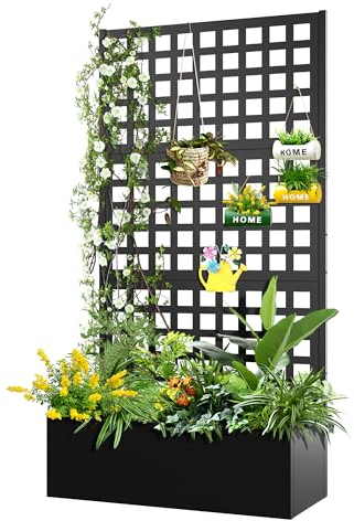 FENCY Hochbeet aus Metall mit Rankgitter, Metall-Pflanzkasten mit Rankgitter, Gartenkasten für Kletterpflanzen, Gemüse, 89,9 cm L x 40,6 cm B x 180,9 cm H, Gartenbeet mit Drainagelöchern, Schwarz