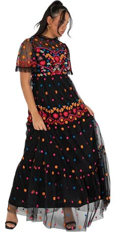 Maya Deluxe Women's Ladies Maxi Dress Short Sleeve High Neck Embroidered Ruffle Frilly Tulle A-line for Occasion Evening Ball Gown, Black, 10