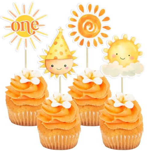 Ephlyn 36Pcs Sunshine One Cupcake Toppers Baby Shower Sun Cupcake Toppers First Birthday Cake Decorations for Sun Theme Baby Shower Birthday Wedding Party Decorations