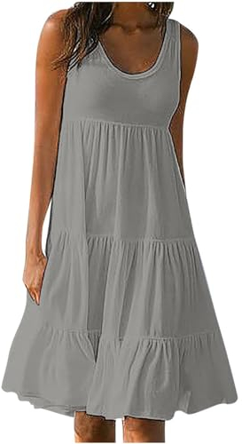 RKaixuni Damen-Tankkleid, Sommerkleid, knielang, Midi-Kleid, gestufte Rüschen, fließendes Strandkleid, Urlaubs-Outfit, A04#Grau, XXX-Large