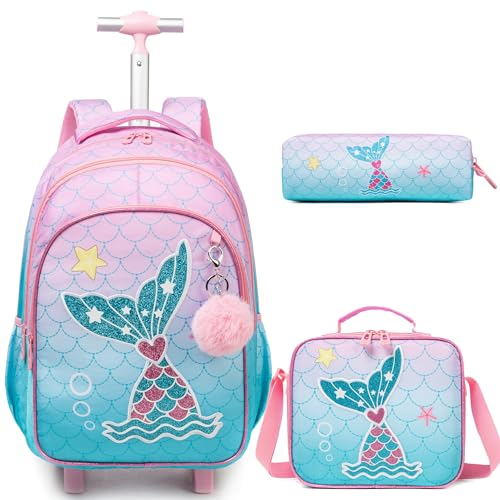 HTgroce Rucksack Mit Rollen für Kinder Mädchen, Schulranzen mit Rollen für Mädchen, Kinder Schultrolley für Schule und Reise,Mit Essensbeutel und Federmäppchen.