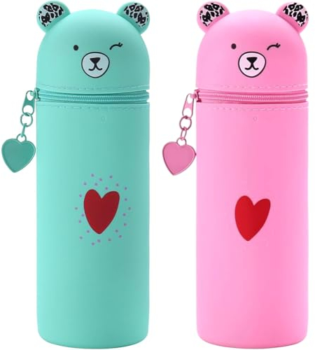 QRKPVHD 2 Stück Kawaii Bär Federmäppchen 2 in 1 aus weichem Silikon, Cartoon Bleistifthalter, Schlampermäppchen Ständer up Stifteköcher, für Schülerin Teenager, Jugendliche, Erwachsene