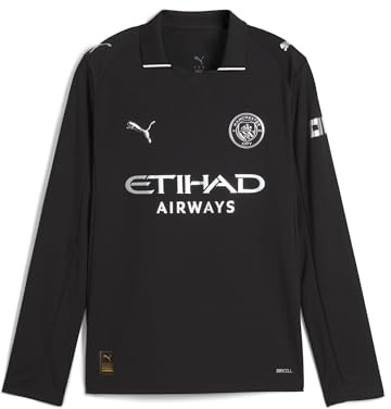 PUMA Kinder Manchester City Auswärtstrikot 2025/26 Langarm - Schwarz | Offizielles Replica-Fußballtrikot; normale Passform; dryCELL feuchtigkeitsableitend; atmungsaktives Material