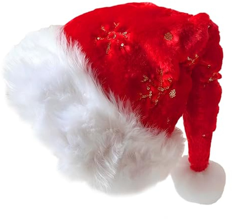 GWAWG Paillettes Noël Chapeau pour adulte, luxe en velour avec doublure douce, bordure en peluche, motif en bronze en flocon de neige, décor chapeau de Noël de luxe