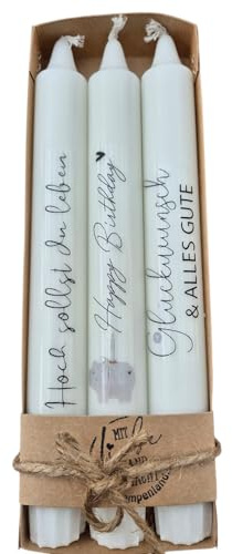 Kerzenset Geburtstag – 3 weiße Stabkerzen mit Sprüchen in Geschenkverpackung – stilvolle Tischdeko & Geschenkidee für Geburtstagsfeiern (Hoch sollst du leben)