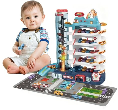 Autorennbahn für Kinder, 6/4 Stockwerke Parkgarage für Kinder, Weltraum Dinosaurier Parkplatz Set, Spielzeug Rennbahn mit Spiral, Inklusive Autos, für 3-8 Jahre Jungen Geschenke Spielzeug (A)