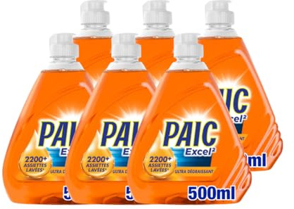 PAIC - Liquide Vaisselle main - Excel² Dégraissant - Formule Active à Froid - Ultra-Dégraissant - 6 x 500 ml