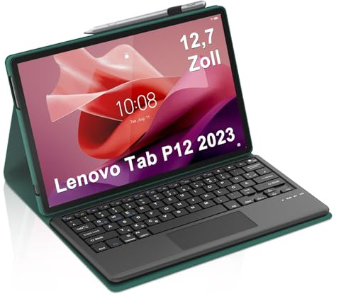 Occtingkind Hülle mit Tastatur & Touchpad für Lenovo Tab P12 12,7 Tablet (2023) - Deutsche QWERTZ Tastatur, Bluetooth 5.0, 120 Tage Standby, Stiftschlitz Unten, Smaragdgrün