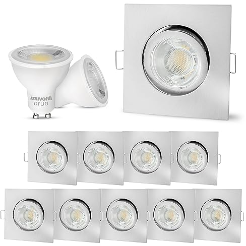 linovum 10er Set LED Einbauleuchte Einbaustrahler eckig Edelstahl Optik für 230V Spot mit 2W GU10 warmweiß inkl. Fassung