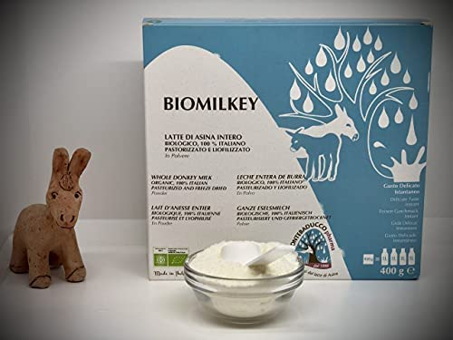 Eselsmilch-Pulver 400 g - pasteurisiert und lyophilisiert - zu trinken nach Rekonstitution der gefriergetrocknet eselsmilch, Biologisch- 400 g (äquivalent zu 4 L).Versand nach Europa