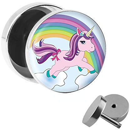 UNICORN Fake Plug - EINHORN mit REGENBOGEN & Wolken - Ø 10mm Bild OHRSTECKER mit MOTIV zum Schrauben - CHIRURGENSTAHL Ohr STECKER Faketunnel Silber - Tunnel Ohrringe Ohrring Stahl Fakeplug EDELSTAHL