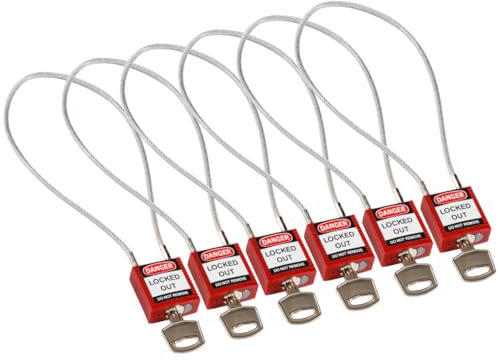 Brady Compact Cable Padlock 6-pack - Lockout Tagout Security Lock - Safety Padlock with Nylon Body and Sheathed Steel Cable - Keyed Alike - 32mm x 35mm x 16mm - Cable Length 400mm, Red