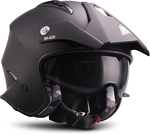 SOXON® SR-400 Mono „Black“ · Jet-Helm · Motorrad-Helm Roller-Helm Scooter-Helm Moped Mofa-Helm Chopper Retro Vespa Vintage Pilot · ECE 22.05 Sonnenvisier Schnellverschluss Tasche S (55-56cm)