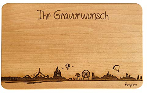 Brotzeitbrett Bayern Skyline | Frühstücksbrettchen aus Buche | Holz Schneidbrett | Geschenk mit Gravur | Bundesland Bayern | Frühstücksbrett (Brett L (26x16x1,5cm), mit persönlicher Gravur)