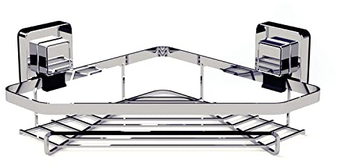 Showerdrape Pushloc Wall Mounted Double Edge Suction Corner Basket, Chrome, No Drilling, Easy Installation