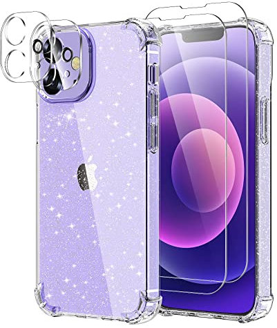 YIRSUR Glitter Clear Case Compatible with iPhone 12 with 2 Pack Screen Protector and 2 Pack Camera Lens Protector, Air Cushion Soft TPU Shockproof Transparent Sparkly Cover Case