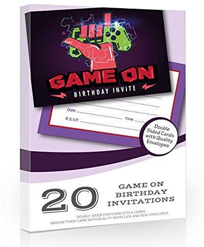 Olivia Samuel 20 x Game On Birthday Invitations from Gamer Party Invitations Ready to Write with Envelopes