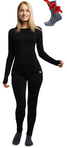 Merino.tech Merino Baselayer Set für Damen - Mittelschwere Thermo-Unterwäsche aus Merinowolle für Damen Oben und Unten (Small, 250 Black)