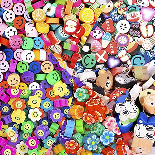 Tarklanda 300 Stück Smiley-Perlen, Polymer-Ton, Obstperlen, Blumenperlen, Tierperlen für Schmuckherstellung, Armband, Perlen, Handwerk, Haarschmuck für Kinder
