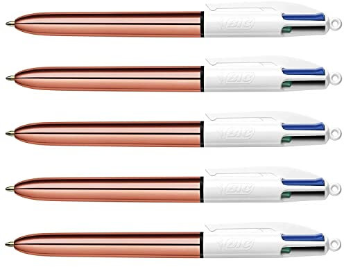 BIC Lot de 5 Stylos à bille rétractable 4Colours Shine pointe moyenne corps rose or