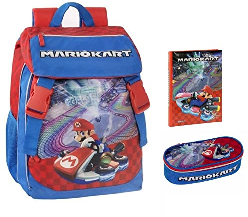 Super Mario Kart ausziehbarer Rucksack + ovales Reißverschlussetui + gratis Schlüsselanhänger Super Mario oder Luigi 3D + Tagebuch 2022/2023 + gratis Stift