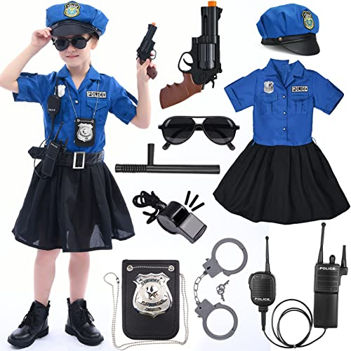 Disfraz de Policia Niña con Accesorios Policía Chaleco Falda Placa Policia Cinturon Walkie Talkie Policía Juguete Kit para Niños Niñas Halloween Fiesta Carnaval