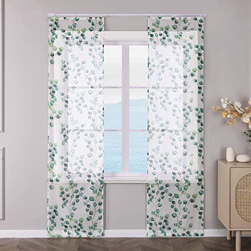 ESLIR 2er Set Flächenvorhänge Schiebegardinen Voile Gardinen mit Klettband Landhaus Schiebevorhang Transparent Vorhang Wohnzimmer Grün BxH 57x245cm 2 Stück