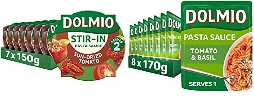 Dolmio Stir In Sun Dried Tomato Pasta Sauce, Bulk Multipack,150 g (Pack of 7) & Tomato & Basil Microwave Pasta Sauce, Bulk Multipack 8 x 170g pouches