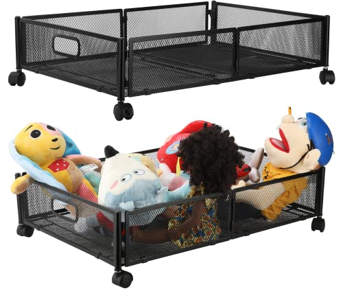 BestAlice 2 Pack Under Bed Storage Containers with Wheels, Foldable Metal Rolling Drawers Shoe Organizer, Under The Bed Storage Cart for Bedroom, Black-Rhombus