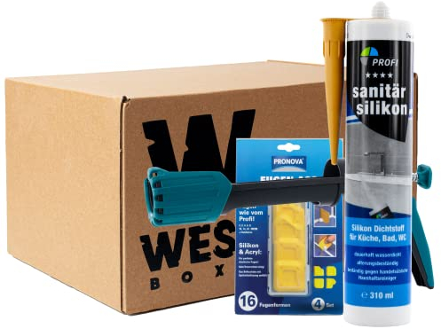 W West Boxx Set aus 1x Profi Sanitär Silikon 310ml in Caramel, Kartuschenpistole und Fugen-Ass, Sanitärsilikon ideal für Sanitärbereich, Küche, Bad, WC, Glas, Fliesen, Keramik
