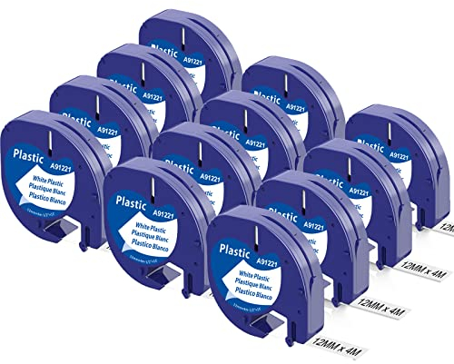 12x Kompatible mit Dymo Etikettenband 12mm x 4m für Letratag XR LT-100H LT-100T 200B Etikettiergerät, Kompatibel mit Dymo Letratag Etikettenband Plastik Schwarz auf Weiß