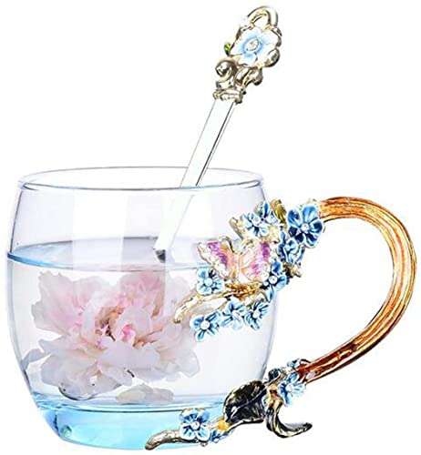 KBEAZY Tazza creativa in vetro a forma di fiore, confezione regalo, tazza cristallo per bevande calde, tè freddo, per sorella, mamma, nonna, farfalla viola e fiori di prugna, rosa, piccola