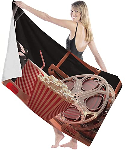 IUBBKI 80 x 130 cm Badetuch, Filmprojektor, Holzbrett, weiche Mikrofaser, saugfähig, Badezimmer-Handtuch, Retro, Cola, Popcorn, leicht, langlebig, schnell trocknend, Handtücher für Fitnessstudio,