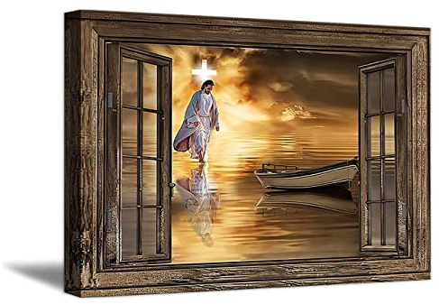ZHONGYUTONG Jesus Leinwandbild Gott der auf dem Wasser geht Kunstdruck Wanddekoration Christus Kreuz Fenstermalerei inspirierendes Porträt Poster (40x60cm, Rahmen)