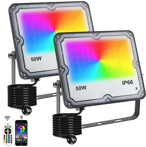 Indmird RGB Strahler 50W RGB LED Strahler Außen mit Bluetooth APP Steuerung IP66 Wasserdich Außenstrahler Smart RGBW Farbwechsel Dimmbar Flutlichtstrahler Stimmungslicht für Garten Party Bühnen