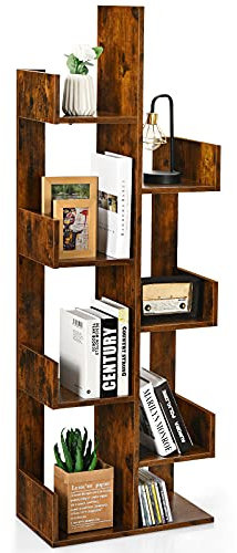 COSTWAY 8-Tier Tree Bookshelf, Wooden Bookcase Storage Shelving Unit with Anti-Toppling Device, Freestanding Magazine Book Display Rack for Home Office Living Room, 50x25x145cm (Rustic Brown)