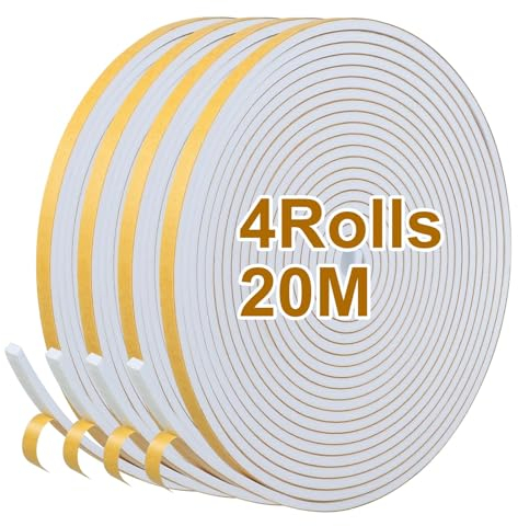 Inwee Cinta Selladora Espuma, Espuma Burlete Adhesivo Resistente, 4 Rollos de 6mm de Ancho x 3mm de grosor, Espuma de Alta Densidad, Burlete para Puertas y Ventanas, Total 20 m (4 x 5 m)