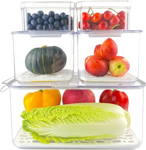 MYXKHYLL 5 Pack Fridge Organisers With Lids, Stackable Vegetable Fruit Storage Containers, Refrigerator Organiser, Clear Storage Containers, Kitchen Storage & Organisation, BPA Free