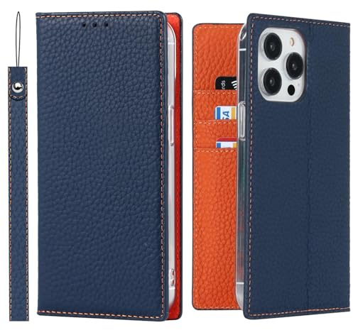 ELTEKER Hülle iPhone 15 Pro Handyhülle [Echtes Leder] Klapphülle mit Kartenfach,Schutzhülle Leder Hülle für iPhone 15 Pro-Blau