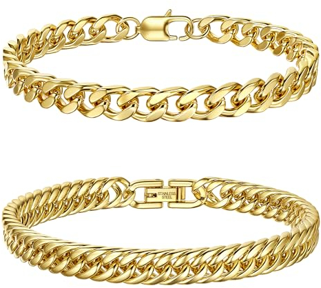 Dochais 2 Pcs Men's Bracelets, Mens Bracelets Silver Gold, Chain Bracelet For Men, Cuban Bracelet Men Length 23cm / 9.05inch, Stainless Steel Bracelet Width 7.5/8mm (Gold)