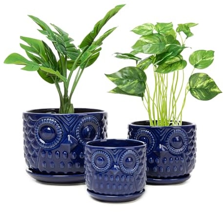 Nattol Vasi da fiori in ceramica, fioriere in ceramica con foro di drenaggio e sottovaso, moderne fioriere rotonde per piante grasse da interni con design a gufo, di piccole e medie dimensioni, set da