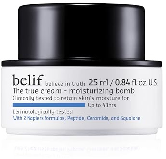 belif Moisturizing Bomb – Daily Ceramide Moisturizer with Peptide & Squalane, 48hr Hydration & Anti-Aging Cream, Milky & Lightweight, Restores Skin Barrier, Korean Skincare, 0.84 fl oz (25ml)