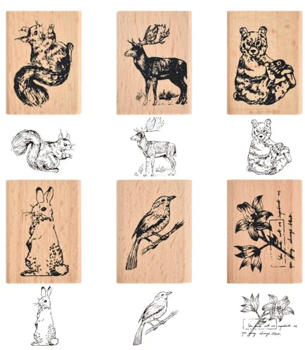 6 Stück Holz Tierstempel, Pflanze Tiere Gummistempel aus Holz, Waldtiere Stempel-Set mit Tiere und Pflanzen-Waldmuster, Süßes Tiere Stempel Vintage für Scrapbooking Bastelmarken Dekorative Siegel