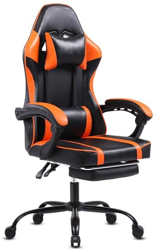 Sedia Gaming Ergonomica, Poltrona Gaming con Schienale Regolabile, Sedia da Gamer con Poggiatesta e Supporto Lombare, Sedia Gamer in Pelle Sedia Gaming con Poggiapiedi (Cuscino piatto, Arancione)